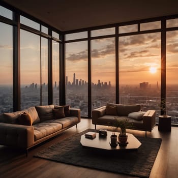 Modern living room with floor-to-ceiling windows offering a panoramic view of a cityscape at sunset. A high-quality photo.