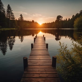Wooden pier extending into a calm lake at sunset, with trees reflected in the water. A high-quality photo.