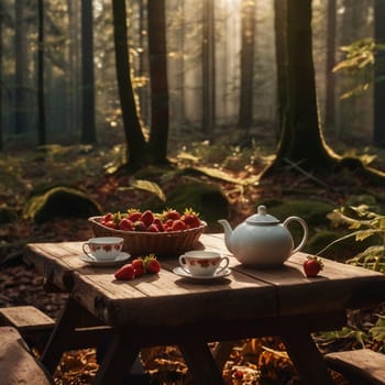 Two teacups and a teapot sit on a rustic wooden table in a forest setting, surrounded by a basket of fresh strawberries. A high-quality photo.