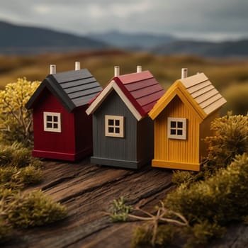 Three miniature wooden houses of different colors sit on a weathered wooden surface. A high-quality photo.