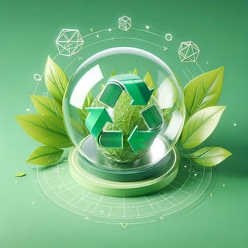A green recycling symbol inside a glass sphere on a green platform surrounded by green leaves, representing environmental sustainability. A high-quality photo.