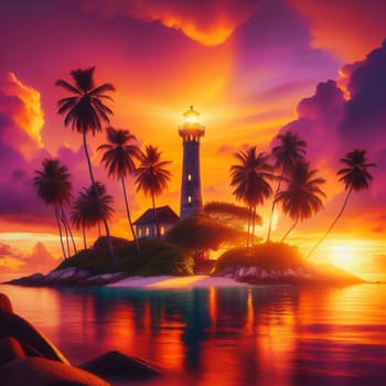 A lighthouse stands on a tropical island at sunset, with palm trees and a vibrant sky. A high-quality photo.