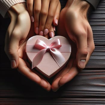 A pair of hands holding a heart-shaped gift box with a pink ribbon. A high-quality photo.