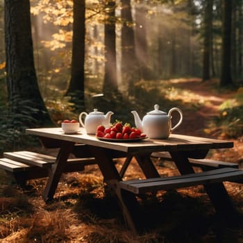 Two white teapots and a bowl of strawberries sit on a wooden picnic table in a sun-dappled forest. A high-quality photo.