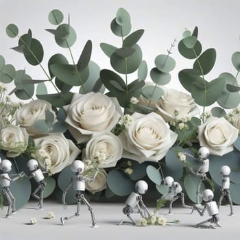 Small robots tending to a bed of white roses and eucalyptus. A high-quality photo.