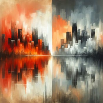 An abstract painting of a city reflected in water, with one side in warm orange tones and the other in cool gray tones. A high-quality photo.