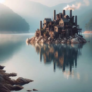 A small, industrial village is situated on a rocky island in a calm lake, with mountains in the background. A high-quality photo.