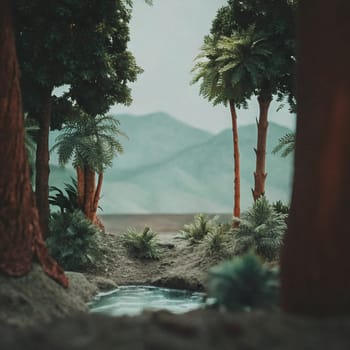 Miniature diorama of a lush prehistoric-looking landscape with a small pond, palm trees, and ferns, with mountains in the background. A high-quality photo.