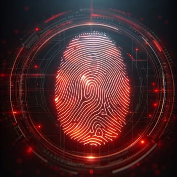 A stylized fingerprint glowing red against a dark, circular technological background. A high-quality photo.