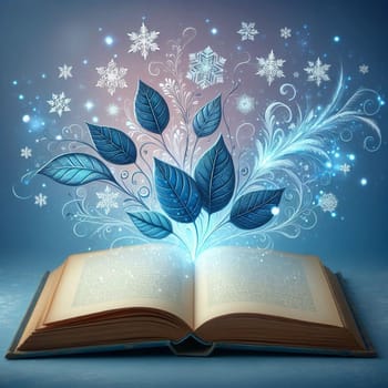 An open book with blue, glowing leaves and snowflakes emanating from its pages. A high-quality photo.