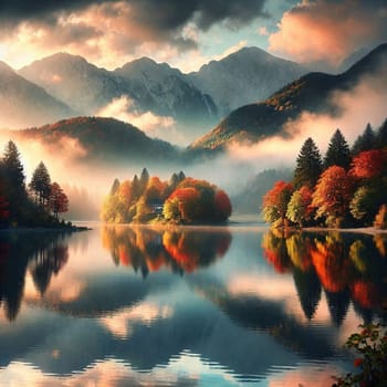 A lake reflects the colors of autumn trees and mountains on a misty morning. A high-quality photo.