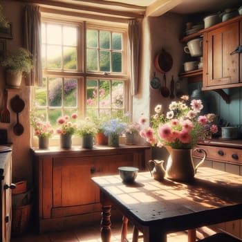 A rustic kitchen interior with wooden cabinets and a table filled with flowers, viewed through a sunlit window. A high-quality photo.
