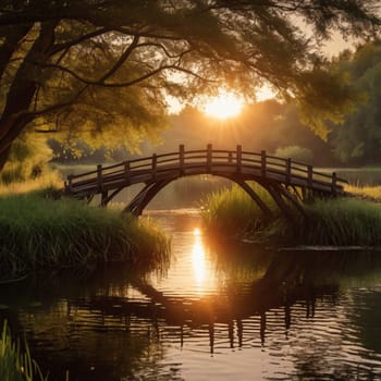 Wooden footbridge spanning a calm river at sunset, with lush vegetation and a tree casting shade. A high-quality photo.