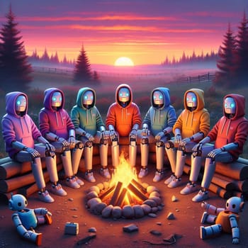 Several robots wearing hoodies are gathered around a campfire at sunset. A high-quality photo.