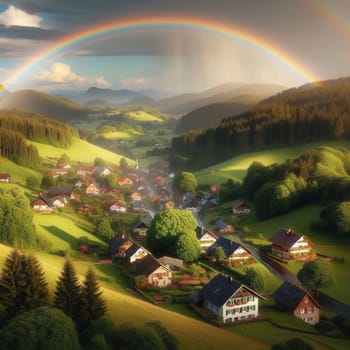 A rainbow arches over a picturesque village nestled in a green valley. A high-quality photo.