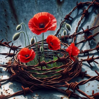 Red poppies growing inside a rusty circle of barbed wire. A high-quality photo.