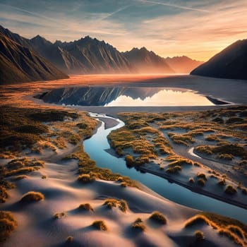 Aerial view of a river flowing through a sandy landscape, with mountains in the background at sunset. A high-quality photo.