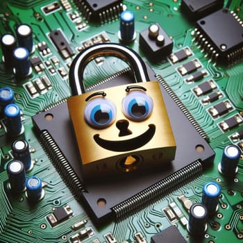 A happy-faced padlock rests on a green circuit board, symbolizing digital security. A high-quality photo.