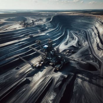 Aerial view of a massive open-pit coal mine with large mining equipment. A high-quality photo.