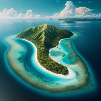Aerial view of a tropical island with a white sand beach surrounded by turquoise water. A high-quality photo.
