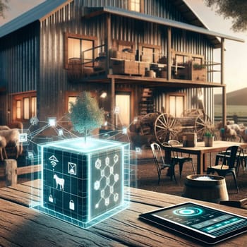 A holographic cube displaying smart farm data floats above a wooden table on a farm, with a tablet showing additional information. A high-quality photo.