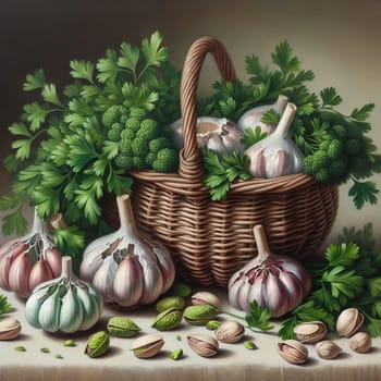Still life oil painting of a wicker basket filled with garlic, broccoli, and parsley, with scattered pistachios on the table. A high-quality photo.