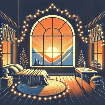 A cozy bedroom with a large arched window showcasing a mountain sunrise, surrounded by string lights. A high-quality photo.