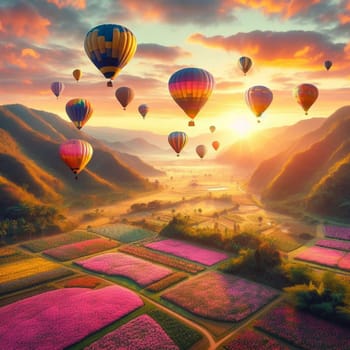 Aerial view of many hot air balloons flying over a field of colorful flowers at sunset. A high-quality photo.