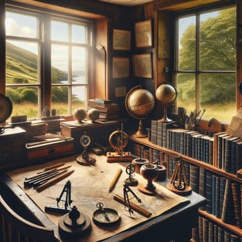 A vintage cartographer's study with maps, globes, and navigational instruments. A high-quality photo.