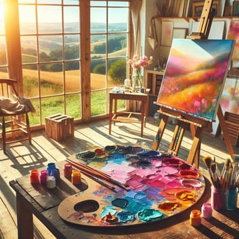 A painter's studio with an easel, palette, paint, and brushes, overlooking a rural landscape. A high-quality photo.