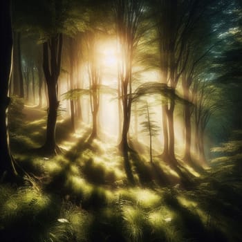 Sunbeams stream through a lush, mystical forest, illuminating a grassy clearing. A high-quality photo.