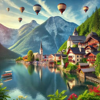 Hot air balloons fly over a picturesque Austrian village nestled beside a lake with mountains in the background. A high-quality photo.