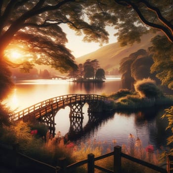 A wooden bridge spans a tranquil lake at sunset, with lush greenery and a hill in the background. A high-quality photo.