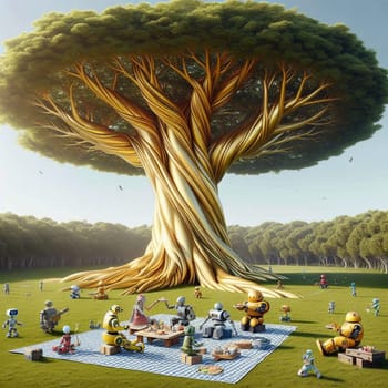 A group of robots having a picnic under a large, golden, stylized tree. A high-quality photo.