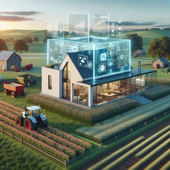 A modern farmhouse with smart home technology displays sits in a rural setting with farm equipment and fields. A high-quality photo.