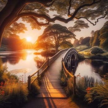 A wooden bridge arches over a calm lake at sunset, with a large tree providing shade. A high-quality photo.