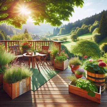 Wooden deck with potted plants and patio furniture overlooking a green valley at sunrise. A high-quality photo.
