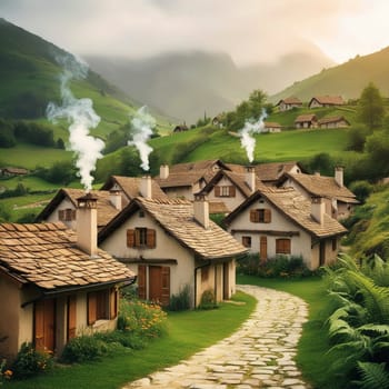 A stone path winds through a village nestled in a green valley, with smoke rising from the chimneys of the houses. A high-quality photo.