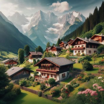 Traditional alpine houses nestled on a hillside overlooking majestic mountains. A high-quality photo.