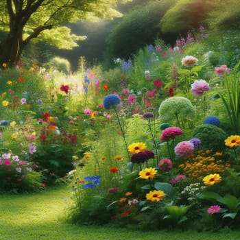 Lush garden with a variety of colorful flowers and plants in full bloom. A high-quality photo.