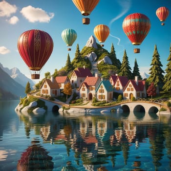 Hot air balloons float over a charming village on a small island in a lake. A high-quality photo.