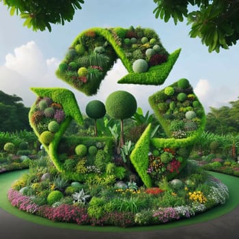 A large recycling symbol is created using various plants and flowers in a lush garden setting. A high-quality photo.