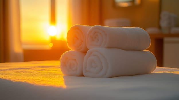 Four fresh white rolled towels are neatly stacked on a bed, illuminated by the golden light of sunrise through a window, creating a serene and inviting atmosphere in a hotel room