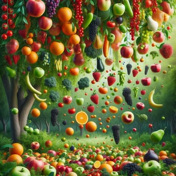A tree overflowing with an abundance of various fruits, vegetables, and berries, falling onto the forest floor. A high-quality photo.