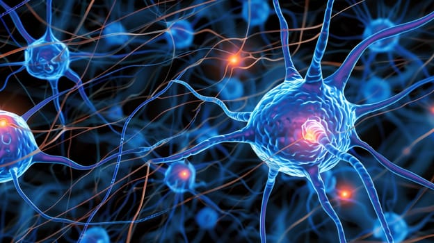 Neurons firing and making connections, transmitting information through electrical and chemical signals in nervous system