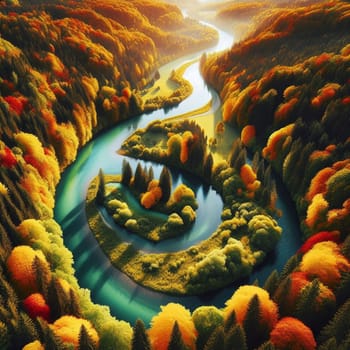 Aerial view of a river meandering through an autumnal forest, creating a vibrant, colorful landscape. A high-quality photo.
