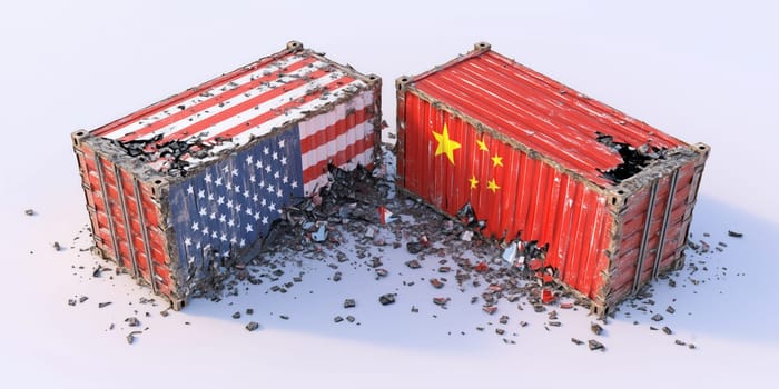 Two damaged cargo containers, decorated with the flags of usa and china, are collapsing, symbolizing trade difficulties and economic conflict