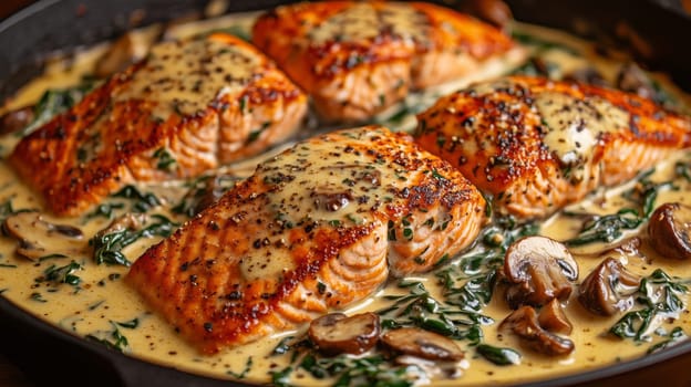 Delicious pan-seared salmon fillets bathed in a rich and creamy sauce with mushrooms and spinach.
