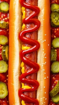 Close-up of a hot dog with ketchup and mustard, served with pickles and relish, creating a vibrant and appetizing image
