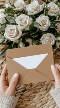 Woman holding a brown open envelope with blank white card near a bouquet of white roses on wicker background